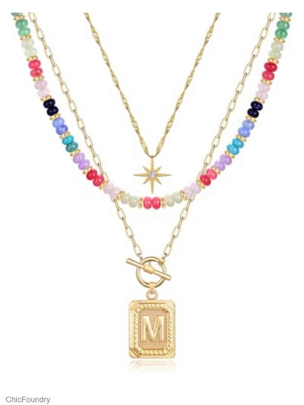 Layered Initial Necklaces for Women 14K Gold Plated Brass Star Choker Beaded